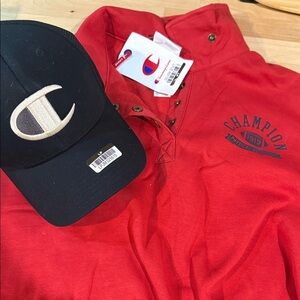 NWT 2 piece Champion bundle. Red SweatShirt and Black Hat Set. Size M